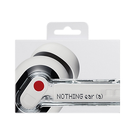 Produktverpackung der Nothing ear (a) Ohrhörer mit weißem Hintergrund und transparentem Produktdesign.