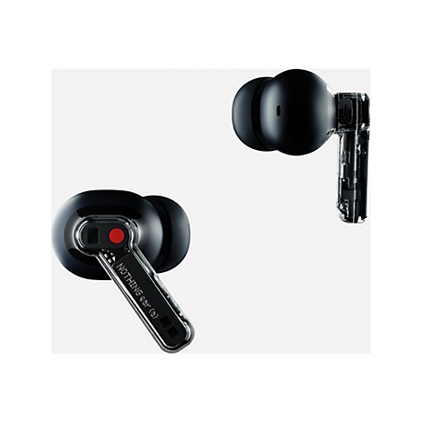 Zwei schwarze In-Ear-Kopfhörer mit transparentem Designgehäuse vor weißem Hintergrund.