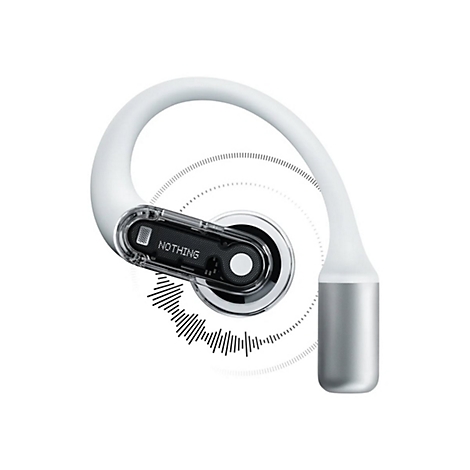 Ein weiß-silberner Open-Ear-Kopfhörer mit transparentem Gehäuse und Nothing-Schriftzug.