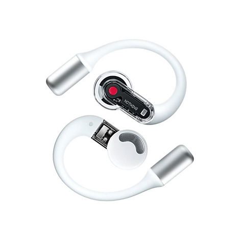 Zwei weiße Nothing Ear Open Kopfhörer mit transparentem Design und silbernen Enden auf weißem Grund.