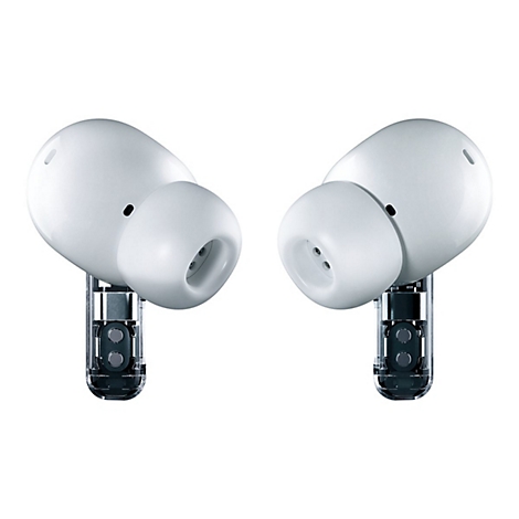 Zwei weiße In-Ear-Kopfhörer mit transparenten Stielen vor weißem Hintergrund.
