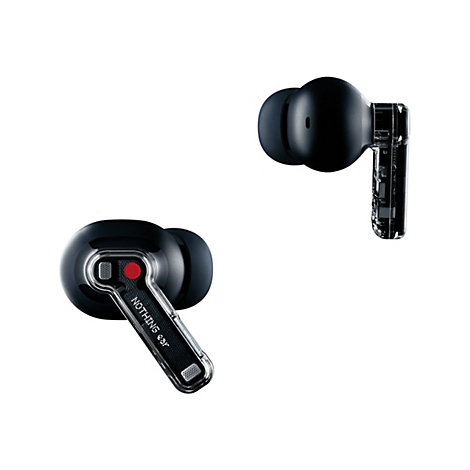 Schwarze Nothing Ear In-Ear-Kopfhörer mit transparentem Design und rotem Punkt, vor weißem Hintergrund.