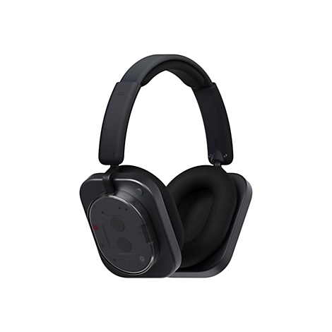 Schwarze, minimalistische Over-Ear-Kopfhörer mit transparentem Gehäusedetail vor weißem Hintergrund.