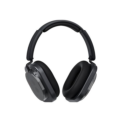Schwarze Over-Ear-Kopfhörer mit transparenten Gehäuseteilen vor weißem Hintergrund.