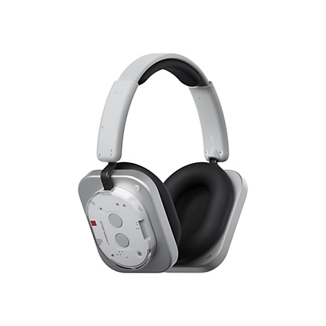 Grau-weißer Nothing Over-Ear-Kopfhörer mit transparentem Design und schwarzer Polsterung vor weißem Hintergrund.