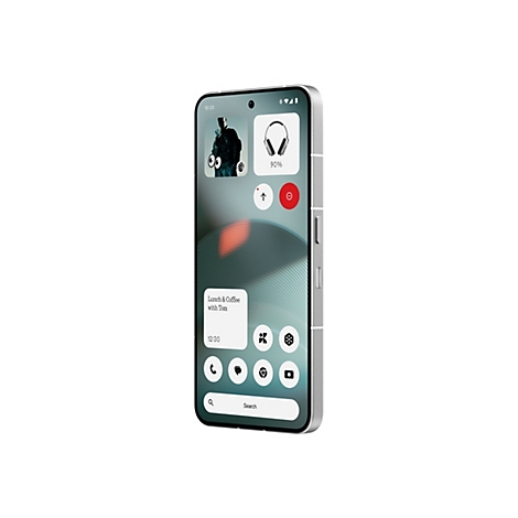 Modernes Smartphone in silbergrauer Farbe mit grafischem Interface, seitlich abgebildet vor weißem Hintergrund.