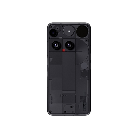 Rückseite eines schwarzen Smartphones mit transparenten Elementen und sichtbarer Technik. Kameraobjektive und Markenlogo deutlich sichtbar.