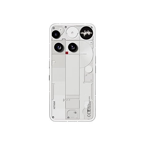 Rückseite eines weißen Nothing Smartphones mit transparentem Design, sichtbarer Kamerakonfiguration und technischem Display.