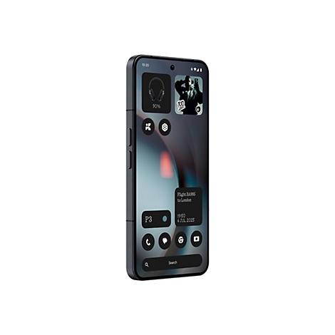 Dunkelgraues Smartphone mit App-Icons. Auf dem Display: Flugdetails, Uhrzeit, Kopfhörer-Symbol und ein Foto. 