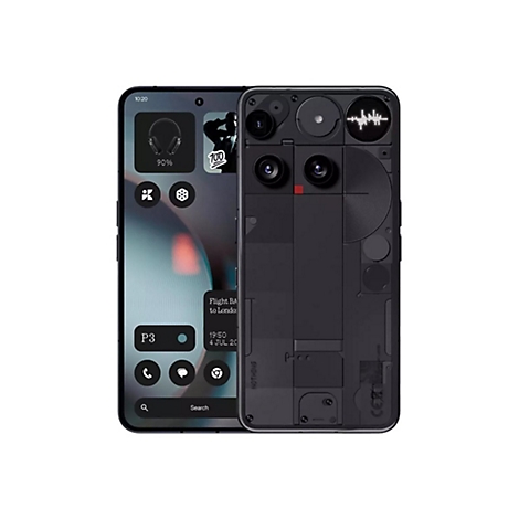 Nothing Phone Smartphone, Vorder- und Rückseite. Vorderseite mit Display-UI, Rückseite mit technischem, dunklem Design.