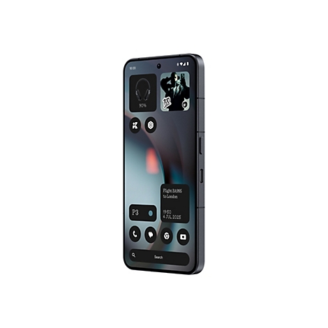 Dunkelgraues Smartphone mit App-Icons auf dem Bildschirm. Oben steht die Uhrzeit. Auf dem Bildschirm werden Widgets mit Kopfhörern, einem Foto, einem Flug und App-Symbolen angezeigt.
