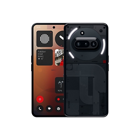 Schwarzes Smartphone, das auf einer weißen Oberfläche liegt. Rückseite mit leuchtenden Kreisen und transparenten Elementen.