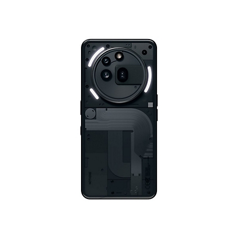 Rückseite eines schwarzen Smartphones mit sichtbaren Innereien, kreisförmigen Kameras und weißen LED-Leuchten.