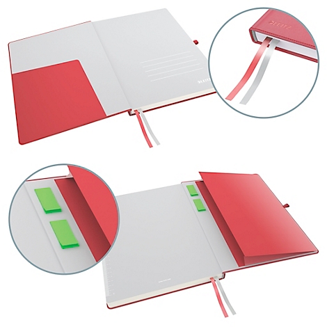 Rotes Notizbuch mit Lesezeichen, zwei Bändern und Haftnotizen. Detailansichten zeigen Bänder und Haftnotizen.