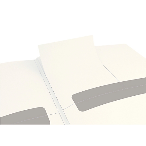 Geöffnete cremefarbene Mappe mit grauen Fenster-Ausschnitten. Ein Blatt Papier ragt aus der Mitte heraus.