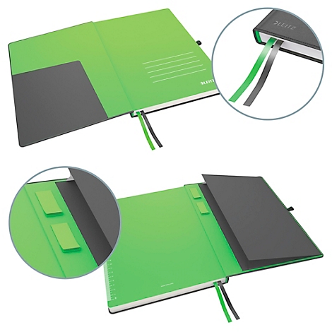 Grünes Notizbuch mit schwarzem Umschlag, zwei Lesebändern, zwei Post-its und einem Detailbild des Buches.