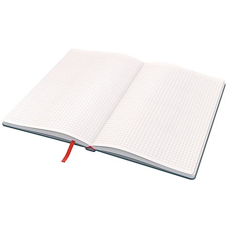 Offenes Notizbuch mit karierten Seiten, rotem Leseband.