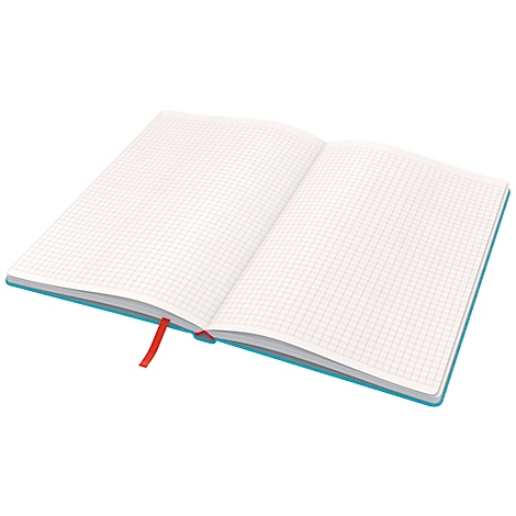 Geöffnetes Notizbuch mit karierten Seiten und einem roten Lesezeichen.