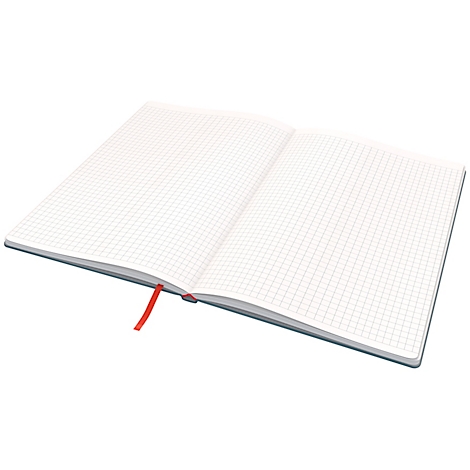 Offenes Notizbuch mit karierten Seiten und rotem Leseband.
