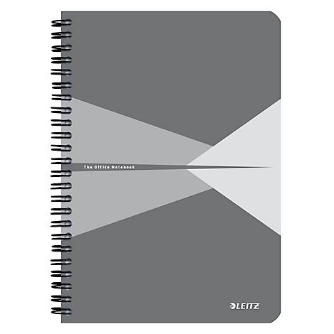 Graues Notizbuch mit Spiralbindung, abstraktem Design und Schriftzug 'The Office Notebook'. Unten rechts LEITZ-Logo.