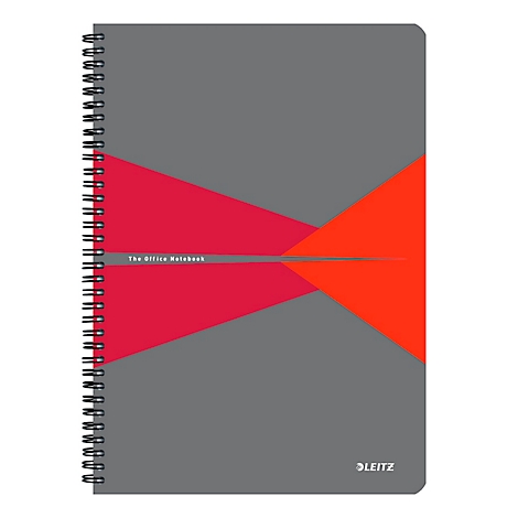 Graues Notizbuch mit Spirale und Design aus Rot- und Orangetönen. Schriftzug "The Office Notebook".
