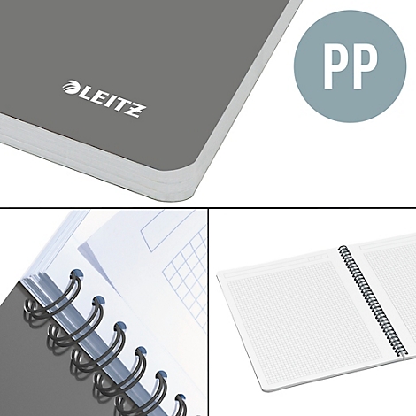 Graues Notizbuch mit Spiralbindung, geöffnet. Oben links das Logo LEITZ. Rechts oben ein graues PP Symbol.