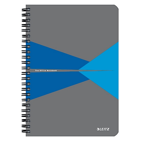 Graues Notizbuch mit blauen Akzenten und Spiralbindung. 'The Office Notebook' steht horizontal in der Mitte.
