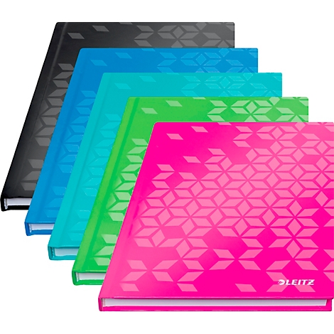 Fünf farbige Notizbücher mit geometrischen Mustern, von grau bis pink. Der Schriftzug 'Leitz' ist sichtbar.