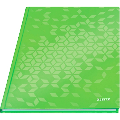 Hellgrünes Notizbuch mit geometrischem Muster. Unten rechts ist der Schriftzug 'LEITZ' zu sehen.