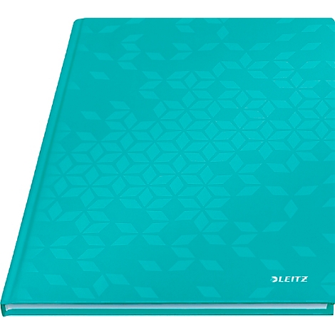 Türkises Notizbuch mit geometrischem Muster. Unten rechts: Leitz Logo.