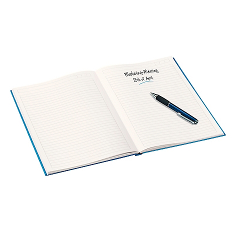 Geöffnetes Notizbuch mit blauem Einband und Stift. Auf der rechten Seite steht: Marketing Meeting, 15. April.