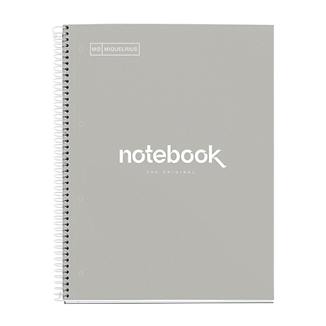 Graues Notizbuch mit weißer Spiralbindung und dem Wort "notebook" in weißer Schrift.