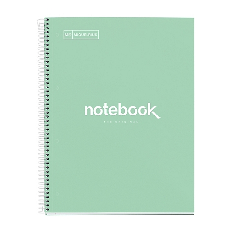 Hellgrünes Notizbuch mit Spiralbindung und weißem Schriftzug "notebook".