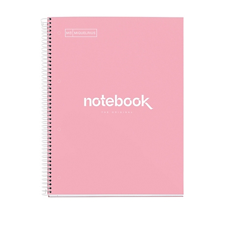 Hellrosa Notizbuch mit weißer Spirale, Schriftzug "notebook".