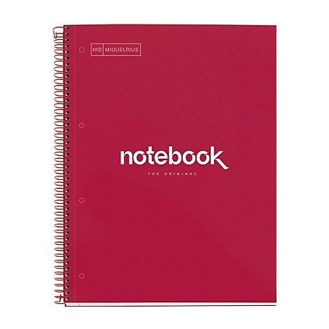 Rotes Notizbuch mit Spiralbindung und weißer Schrift: "notebook".