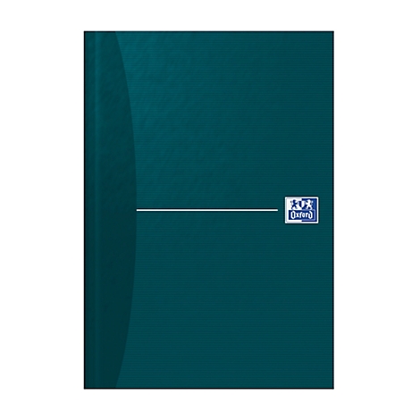 Dunkelgrünes Notizbuch mit Oxford Logo und weissem Streifen.