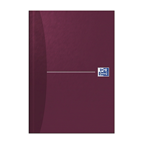 Ein weinrotes Notizbuch mit horizontalen Linien und Oxford-Logo.