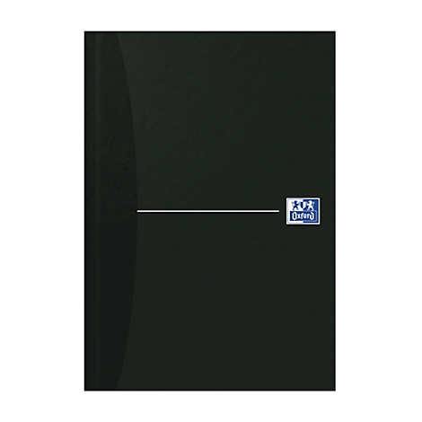 Schwarzes Notizbuch mit horizontaler weisser Linie und Oxford-Logo.