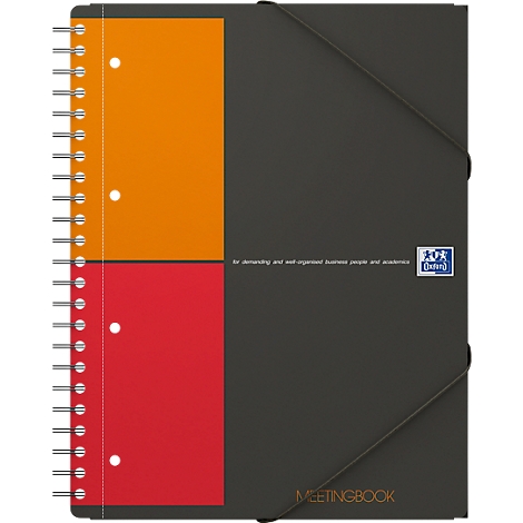 Schwarzes Oxford Meetingbook, orangefarbenes und rotes Papier, Spirale, Gummiband.