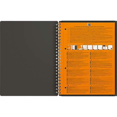Offenes Notizbuch mit Spirale, linker Umschlag grau, rechter Umschlag orange mit Text und Grafiken.
