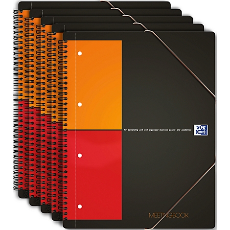 Mehrere schwarze Notizblöcke mit orange und roten Akzenten und Spiralbindung, mit Schriftzügen 'MEETINGBOOK'.