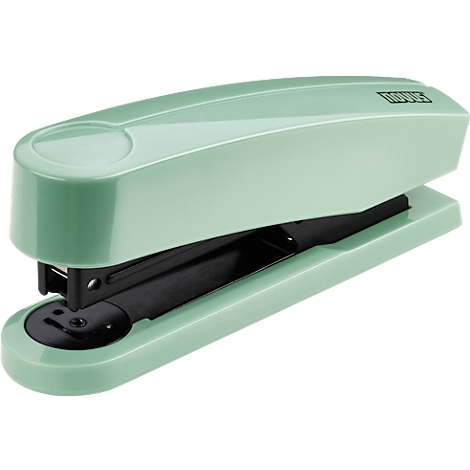 Light green stapler on a white background. The black inside of the stapler is visible. At the top right it says "NOVEL" in capital letters.