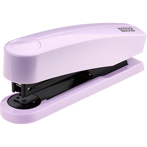 Light purple stapler with black interior. The name of the manufacturer can be seen on the stapler.