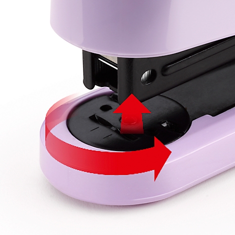Close-up of a purple stapler opening with a red arrow indicating a rotating movement.