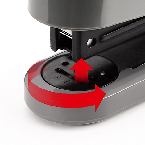 Detail shot of a gray stapler; arrow illustrates the function.