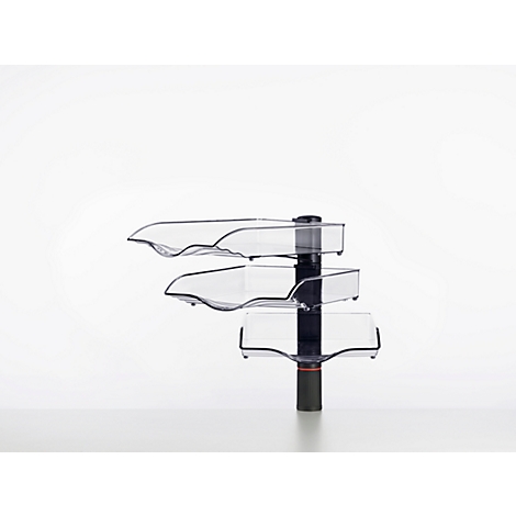 Transparent filing system with three tiers on a black post, against a white background.