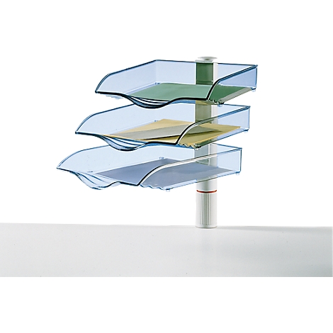 Triple tray in blue, with colored papers. On a white table, white holder.