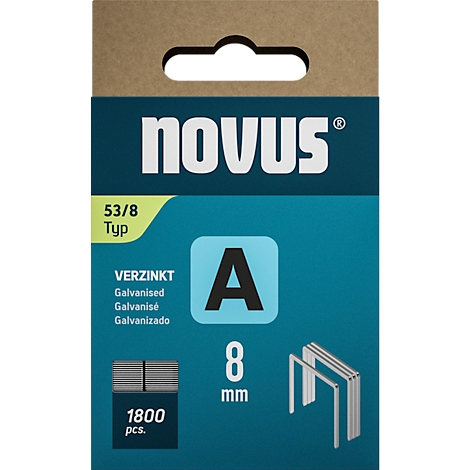 Produktverpackung mit Heftklammern, Beschriftung: Novus, 8 mm, 1800 Stück.