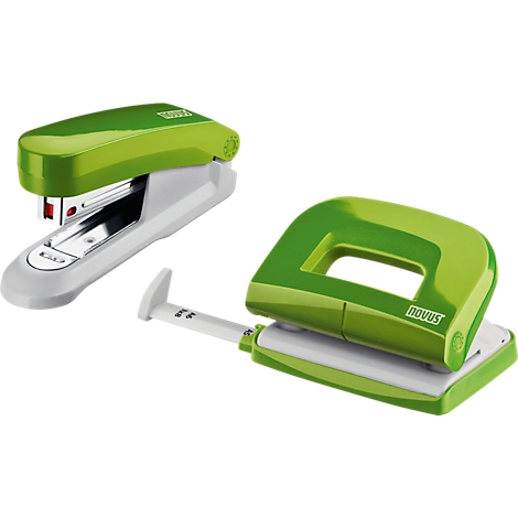 Two office supplies: a green stapler and a green hole punch with a white body.