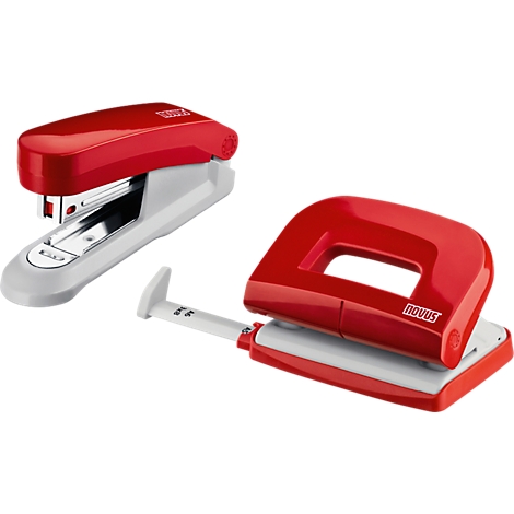Red stapler and hole punch on white background. Both have the word NOVUS.